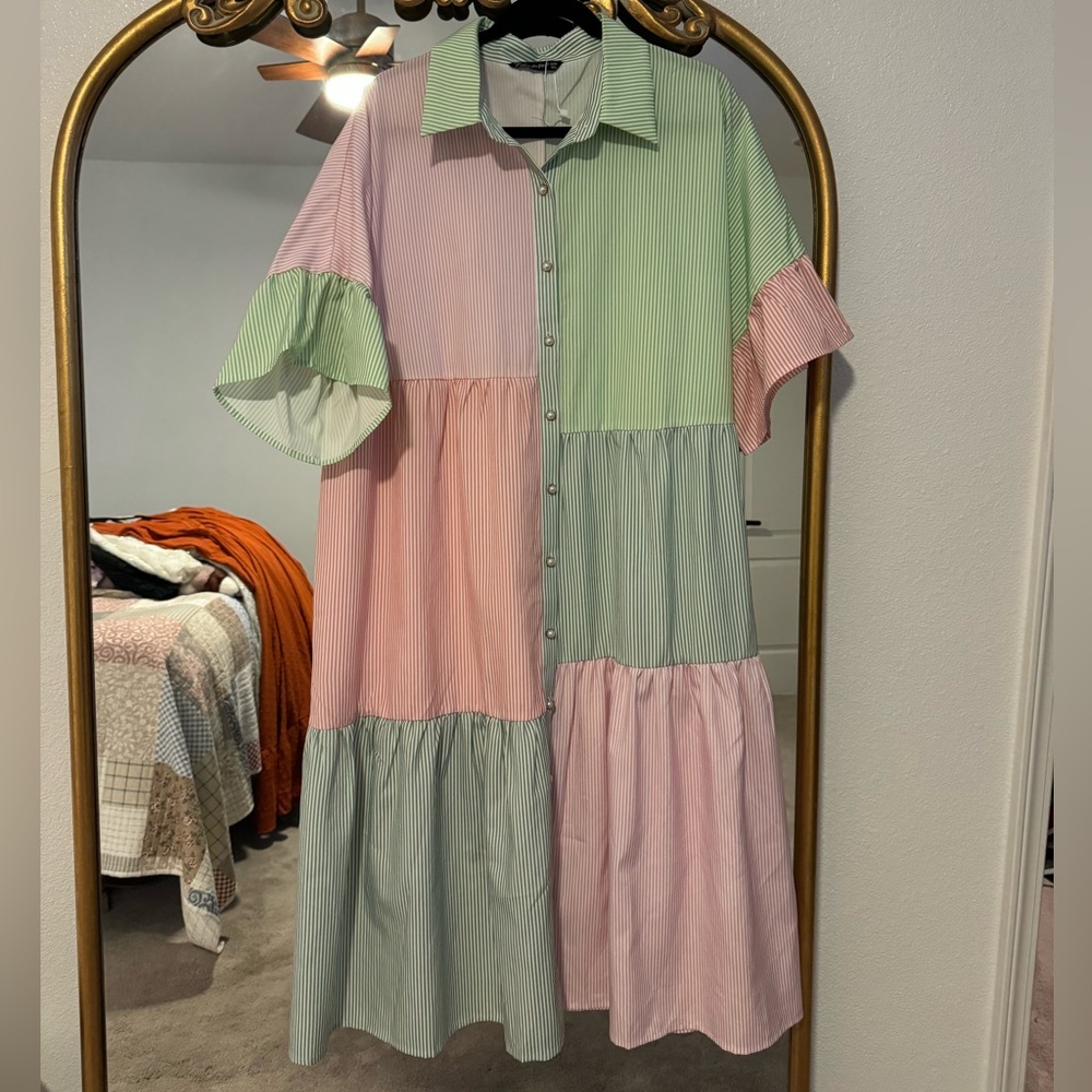 SHEIN Color Blocked Striped Flounce Sleeve Ruffle Hem Shirt Dress
